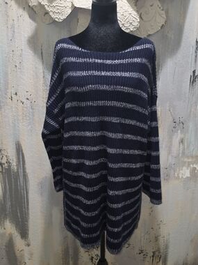 Coldwater Creek Navy and White Cozy Striped Off-Shoulder Knit Sweater